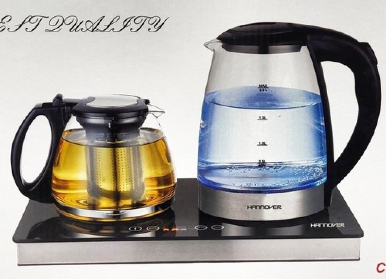 چای‌ساز روهمی هانوور کتری استیل 1.8 لیتری، قوری شیشه‌ای پیرکس 1 لیتری، توان 1850 وات