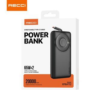 پاور بانک ۲۰۰۰۰ میلی آمپر۲×۶۵ وات (دارای دو درگاه ) سوپر فست با کابل جمع شونده برند RECCI مدل RPB-P72